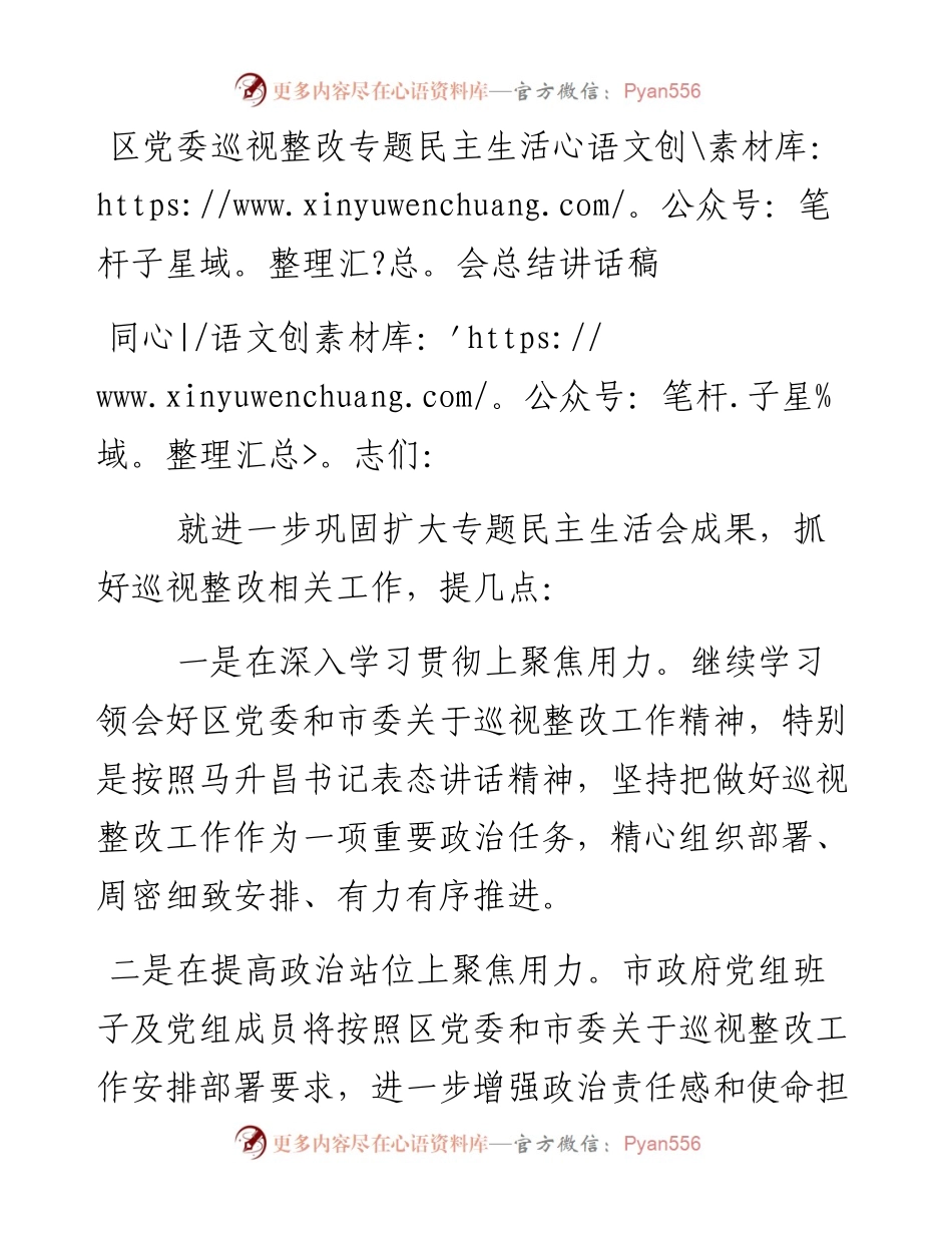 区党委巡视整改专题民主生活会总结讲话稿.docx_第1页