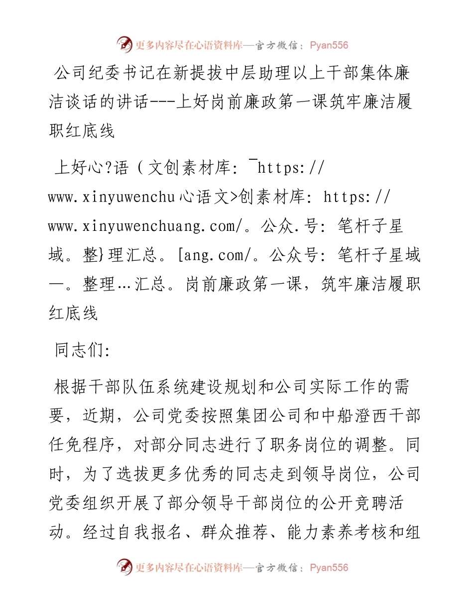 公司纪委书记在新提拔中层助理以上干部集体廉洁谈话的讲话：上好岗前廉政第一课筑牢廉洁履职红底线.docx_第1页