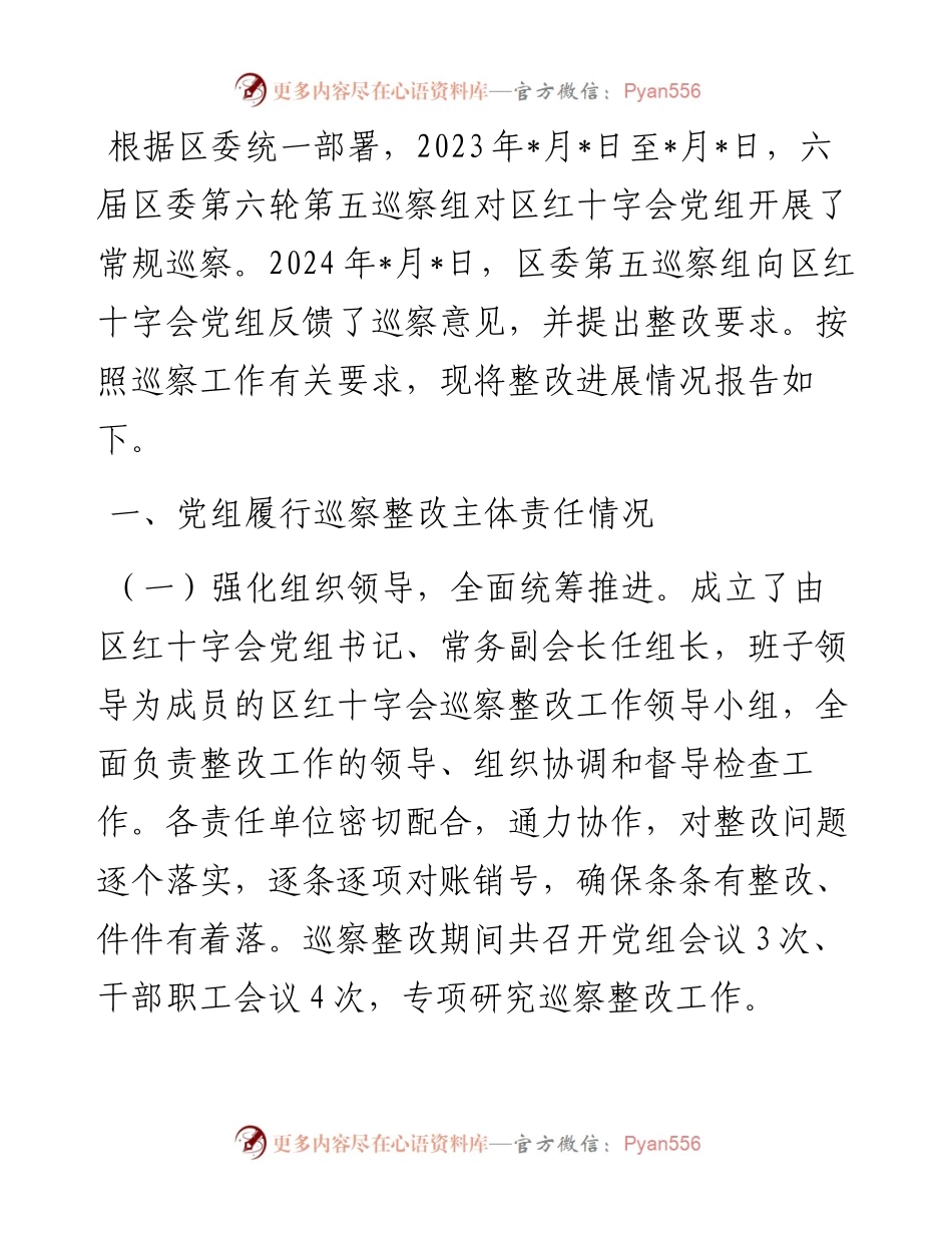区红十字会党组关于巡察整改进展情况的报告.docx_第1页