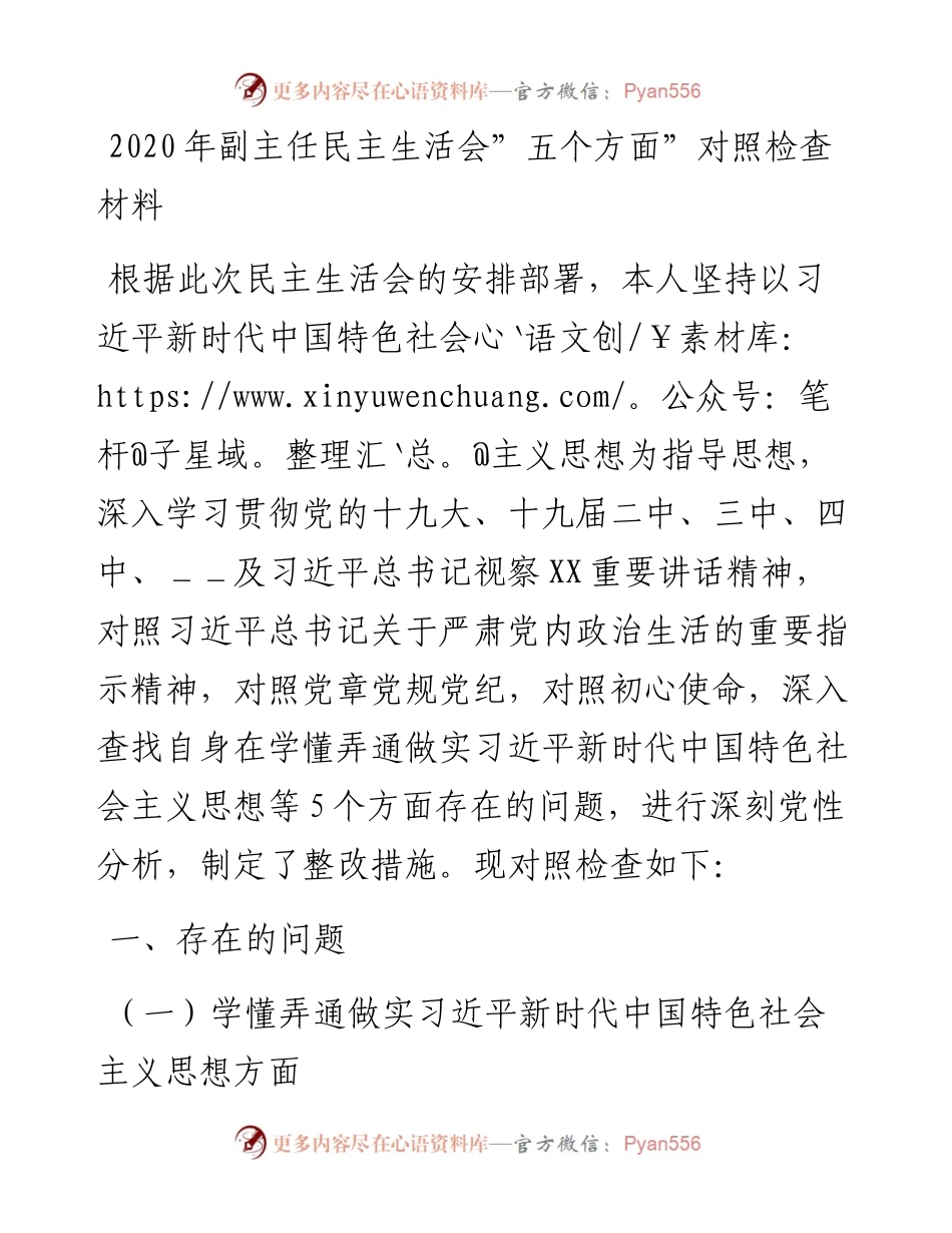 副主任民主生活会五个方面对照检查材料.docx_第1页
