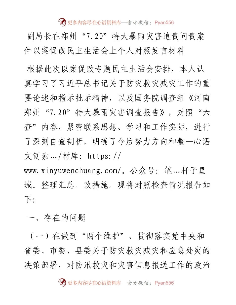 副局长在郑州“7.20”特大暴雨灾害追责问责案件以案促改民主生活会上个人对照发言材料.docx_第1页