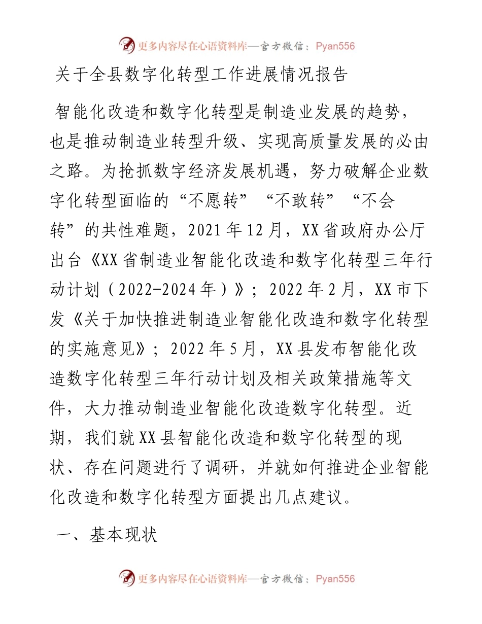 关于全县数字化转型工作进展情况报告.docx_第1页