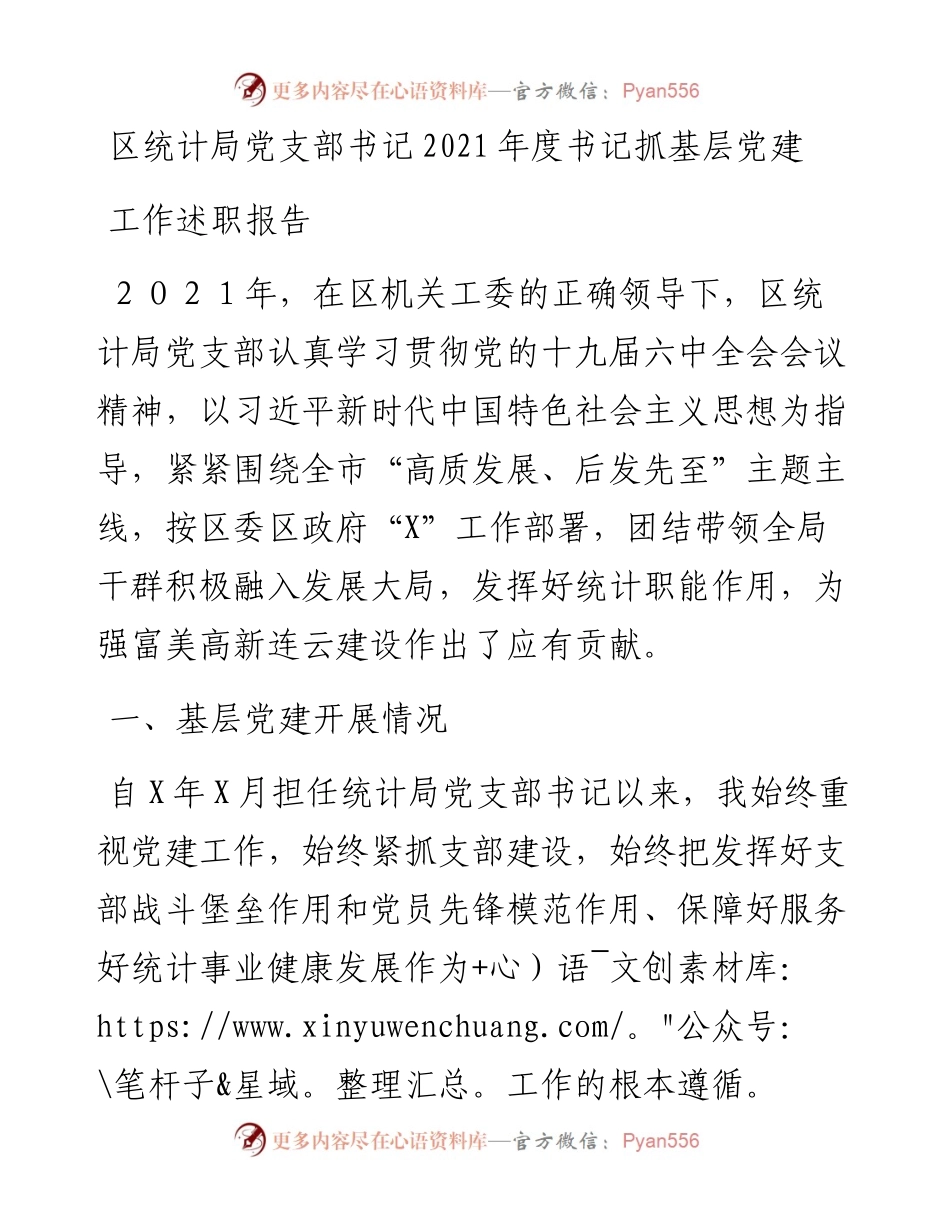 区统计局党支部书记度书记抓基层党建工作述职报告.docx_第1页