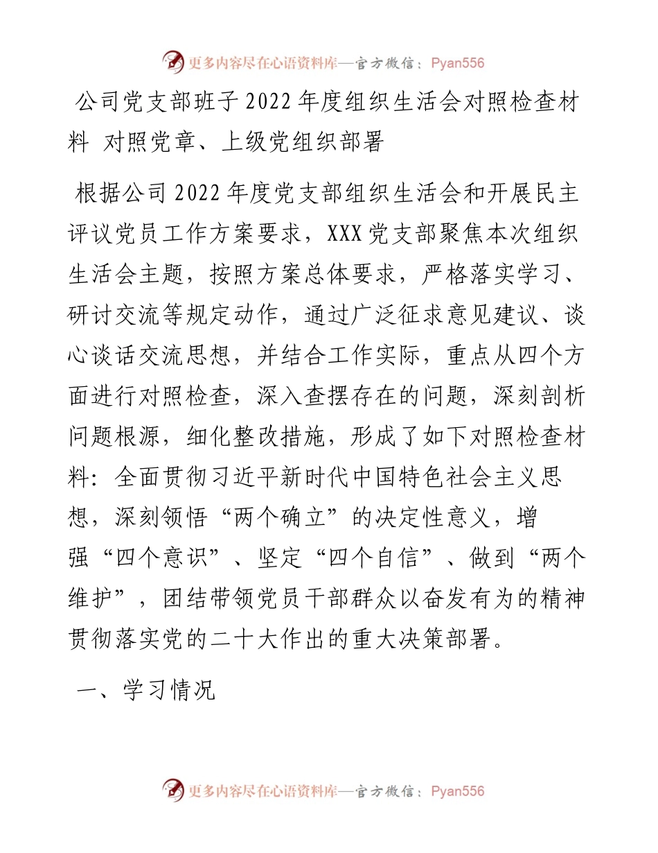 公司党支部班子度组织生活会对照检查材料.docx_第1页