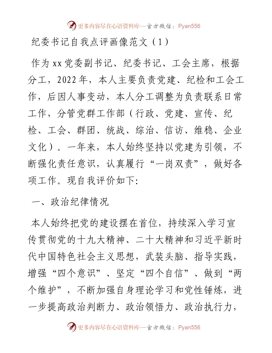 公司纪委书记自我点评画像及为班子成员点评画像-5篇.docx_第1页