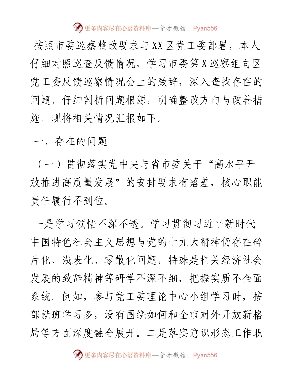 区党工委书记巡察整改专题民主生活会对照检查材料.docx_第1页