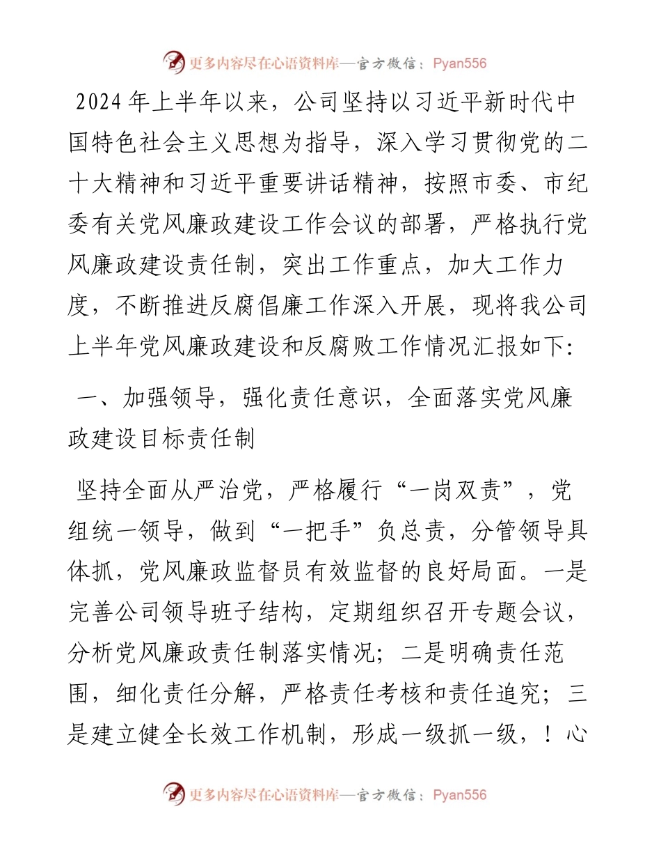 公司2024年上半年党风廉政建设和反腐败工作总结.docx_第1页