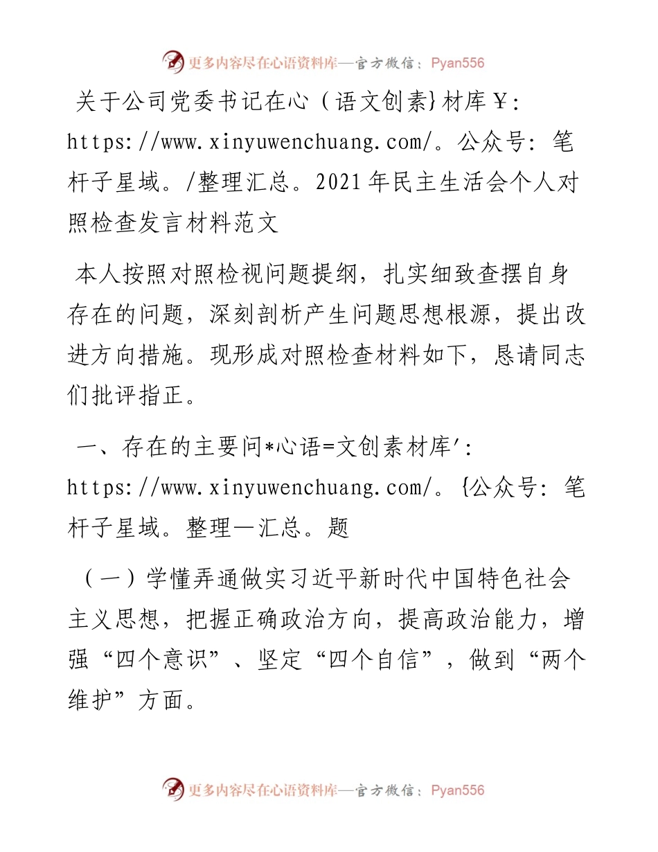 关于公司党委书记在民主生活会个人对照检查发言材料范文.docx_第1页