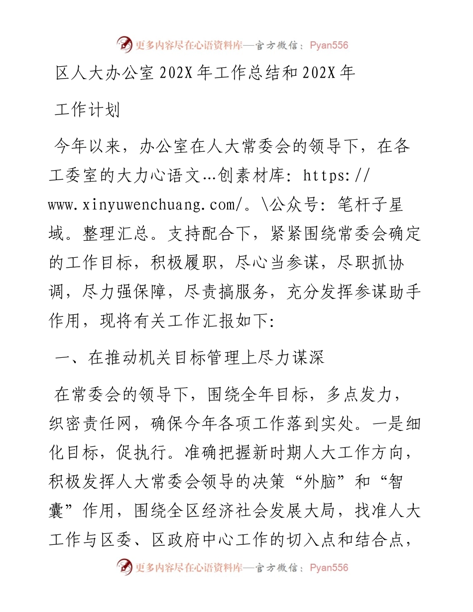 区人大办公室工作总结和202X年工作计划.docx_第1页