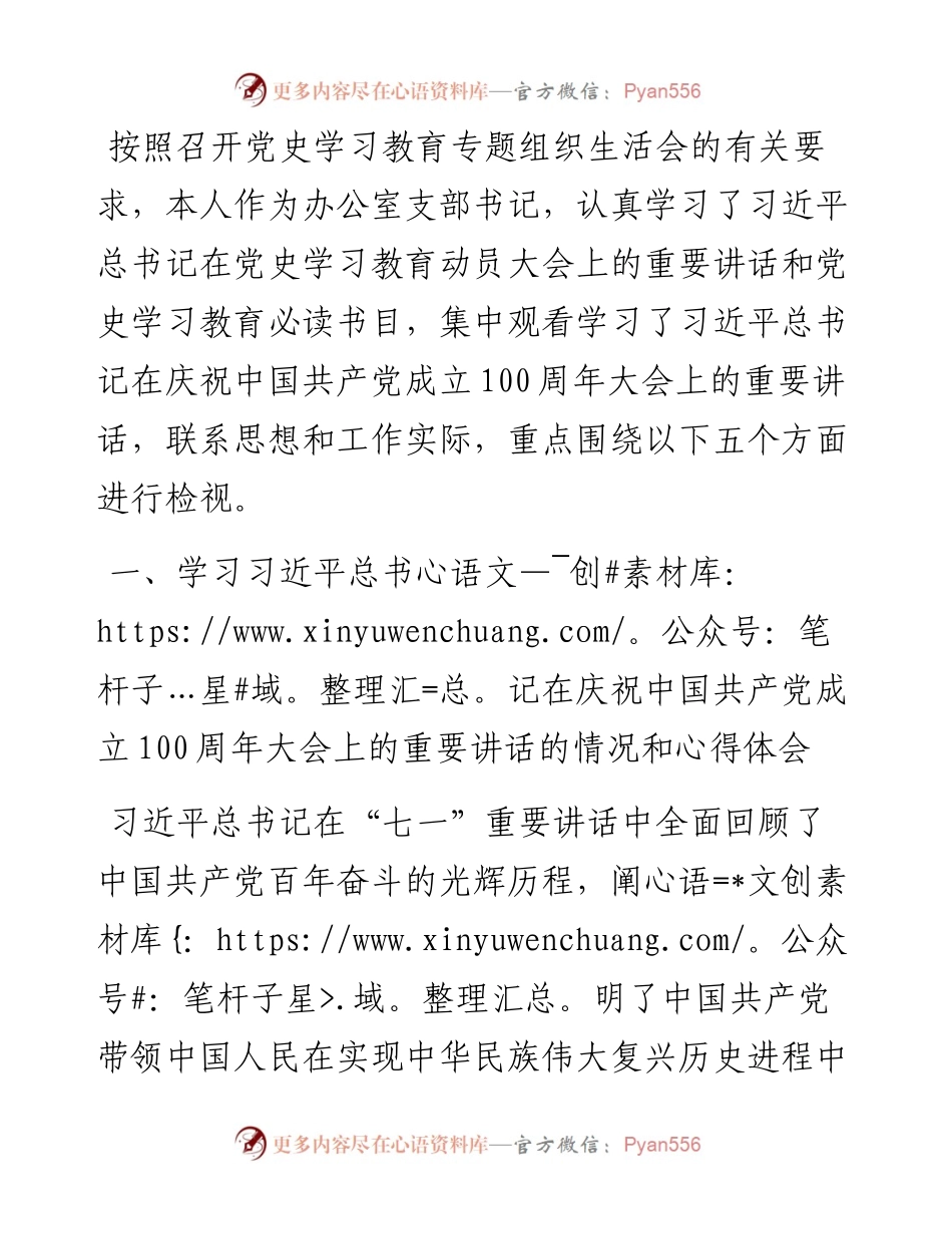 办公室支部书记党史学习教育专题组织生活会个人对照材料.docx_第1页