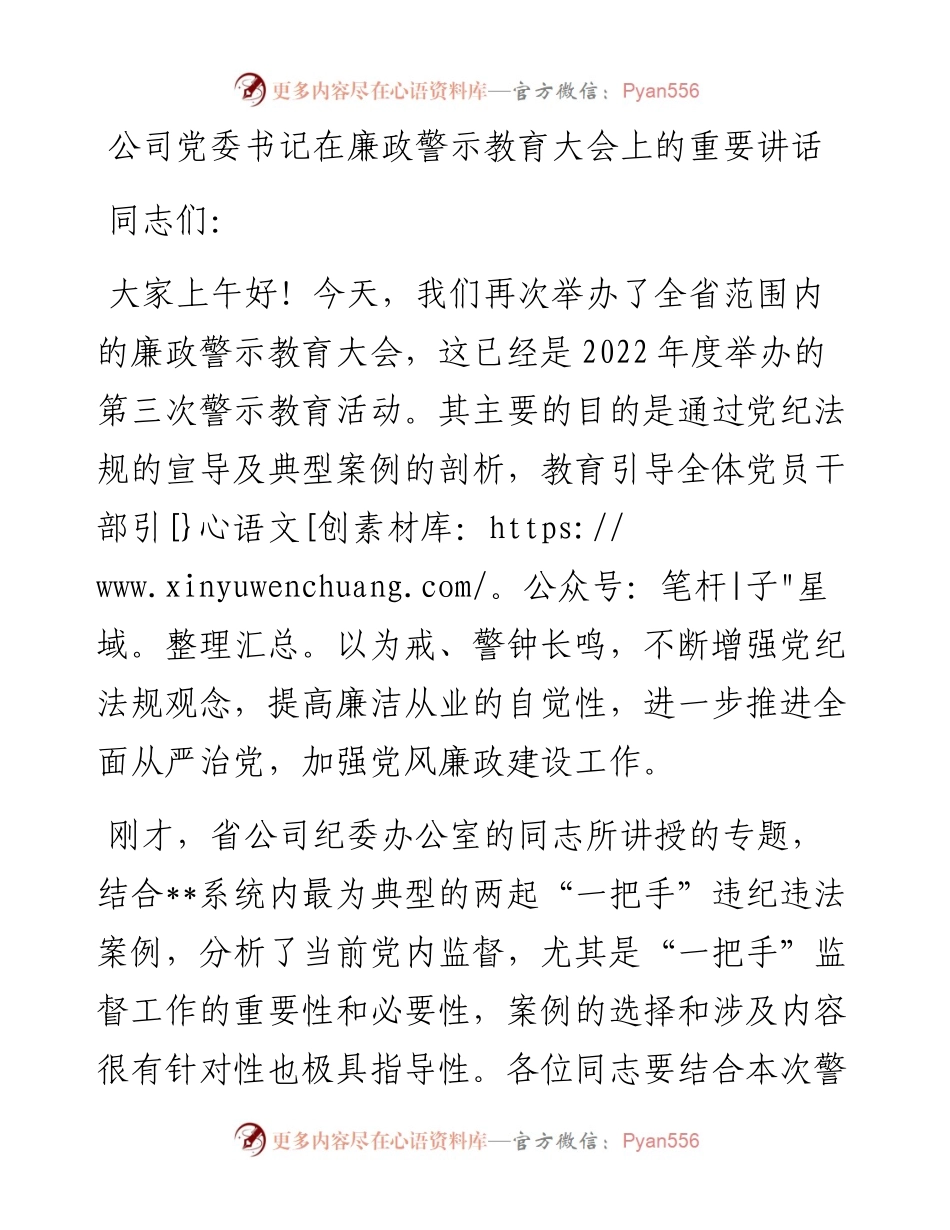 公司党委书记在廉政警示教育大会上的重要讲话.docx_第1页