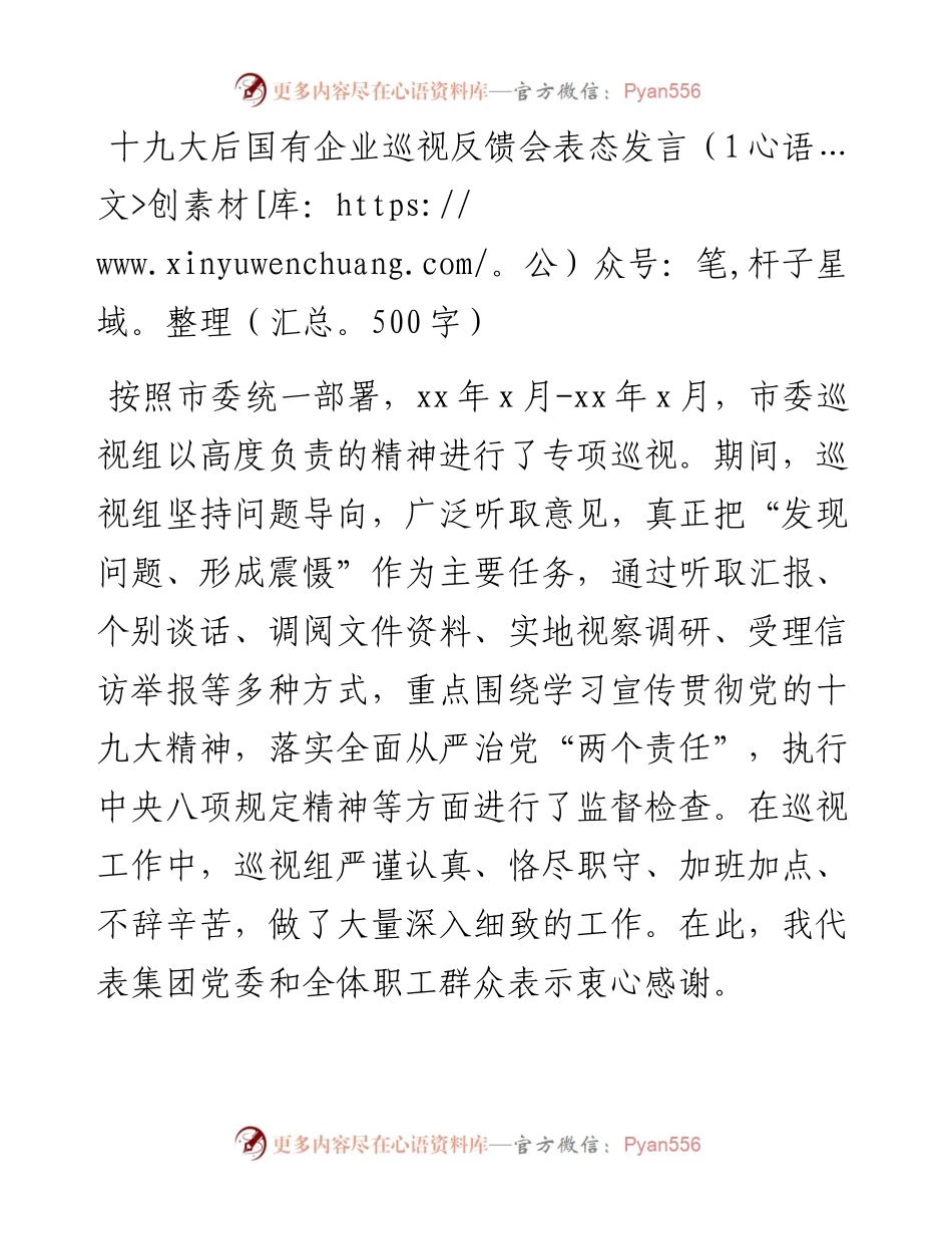 十九大后国有企业巡视反馈会表态发言（1500字）.docx_第1页