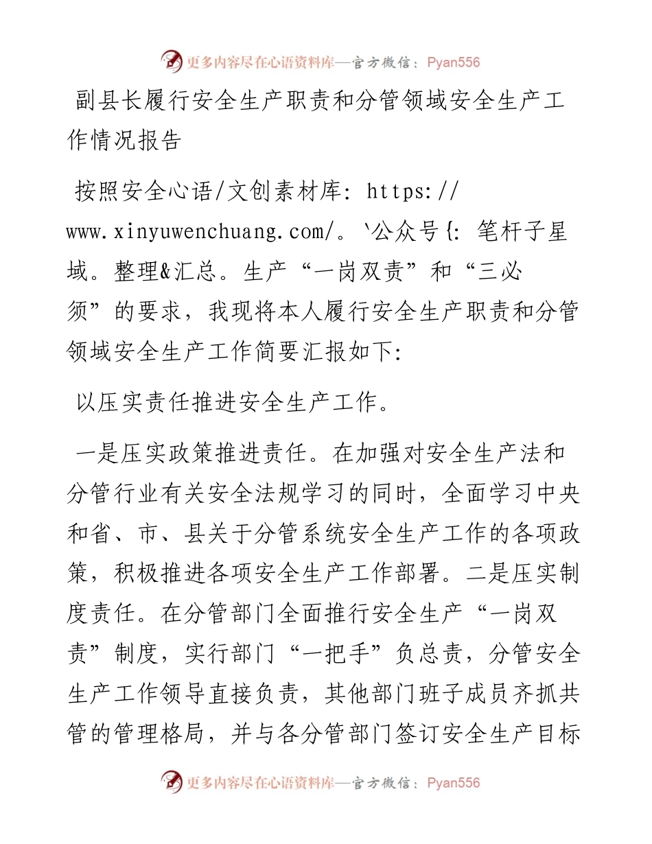 副县长履行安全生产职责和分管领域安全生产工作情况报告.docx_第1页