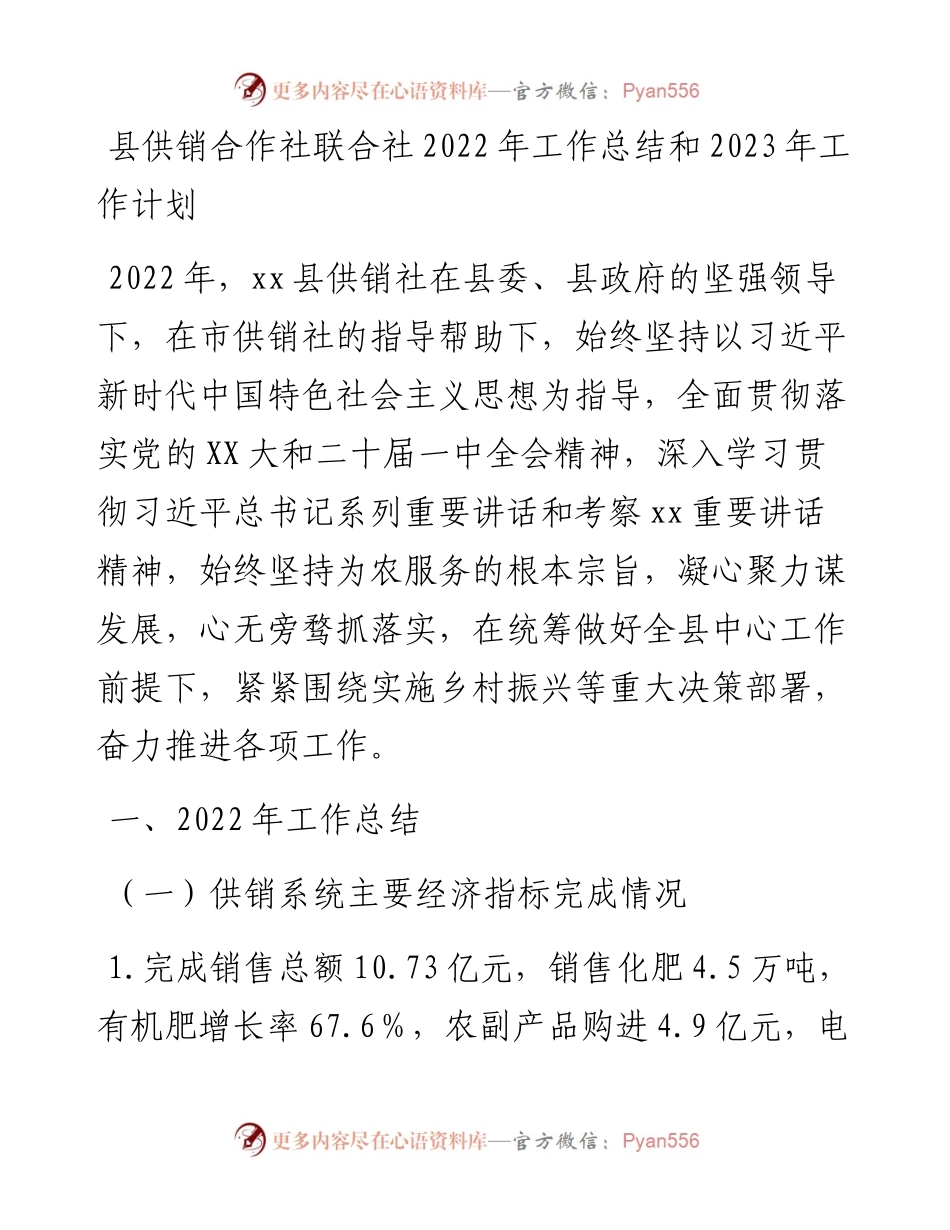 县供销合作社联合社工作总结和2023年工作计划.docx_第1页