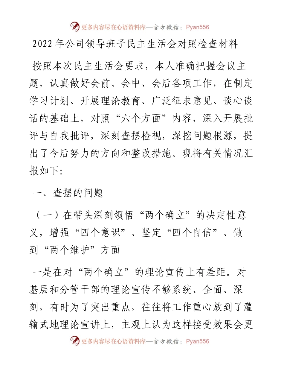 公司领导班子民主生活会对照检查材料.docx_第1页