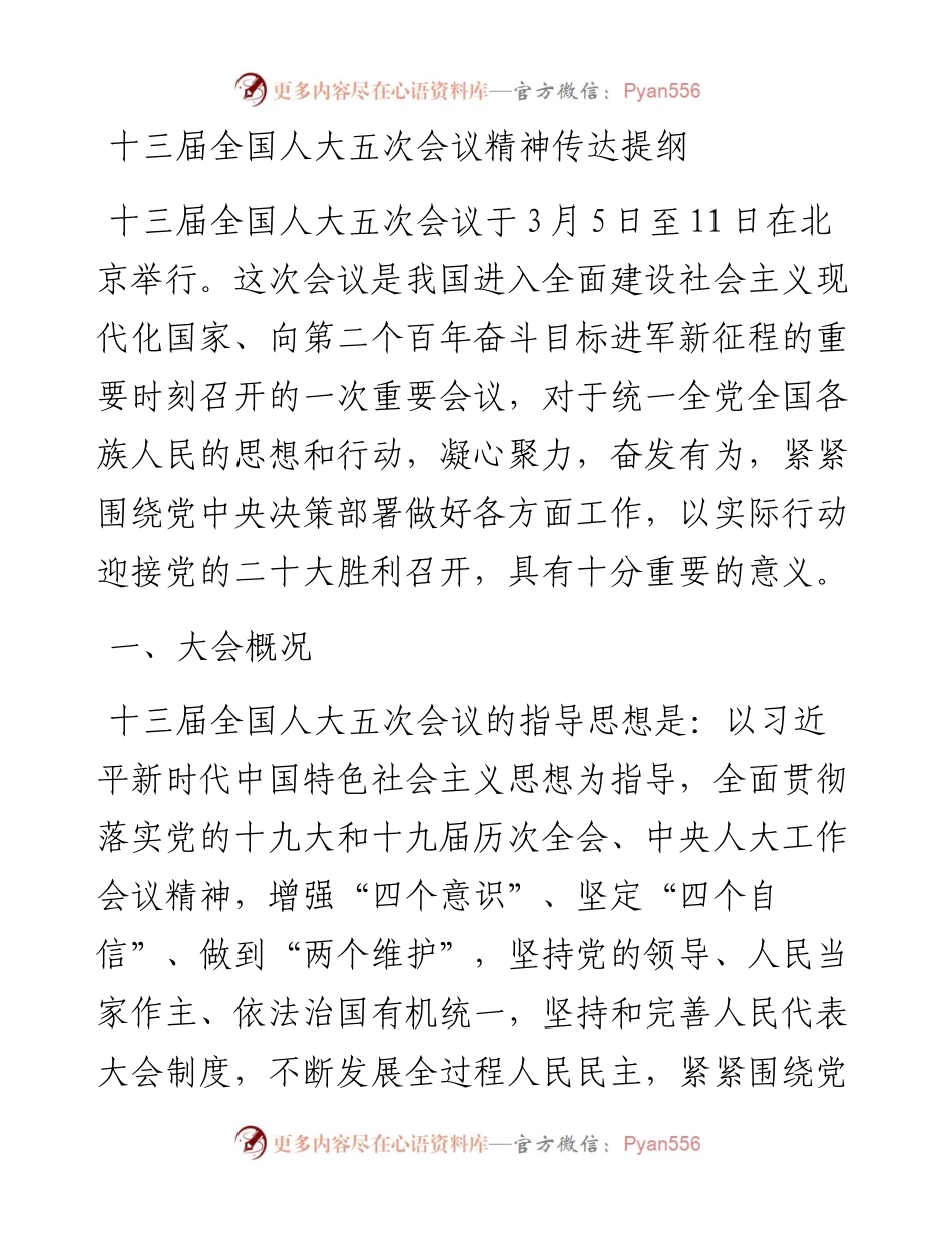 十三届全国人大五次会议精神传达提纲.docx_第1页