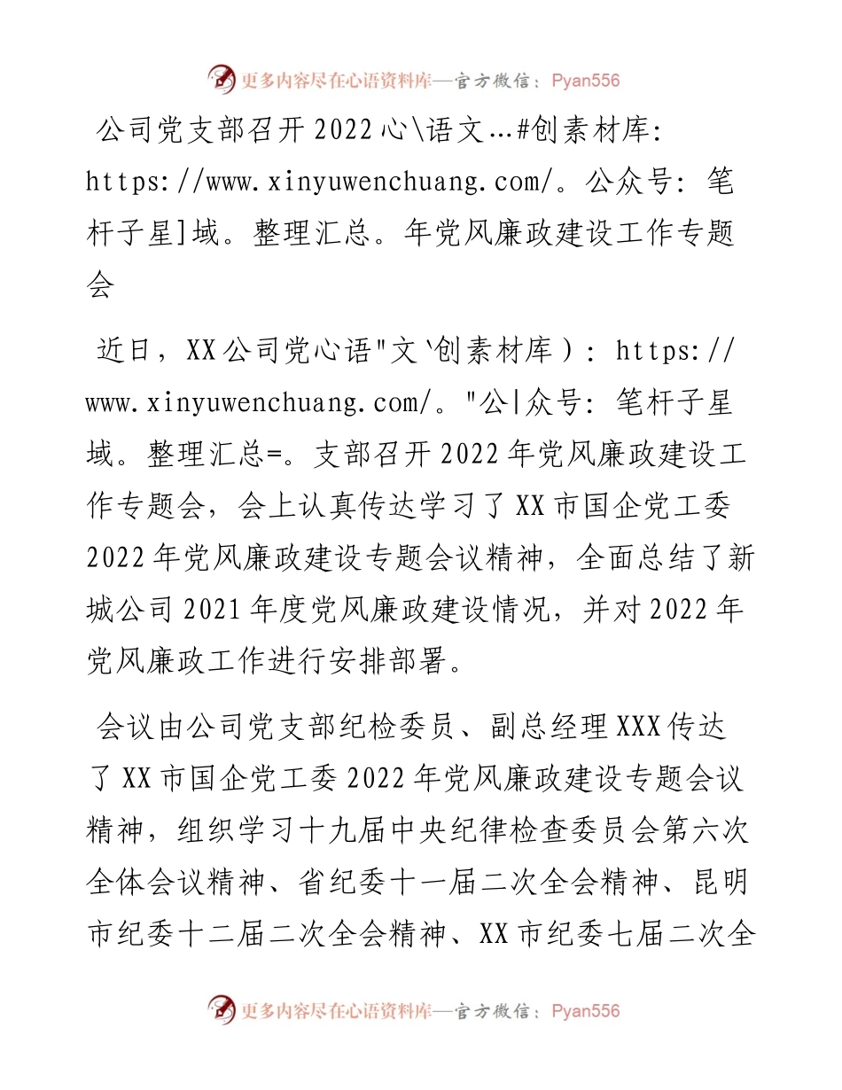 公司党支部召开党风廉政建设工作专题会.docx_第1页