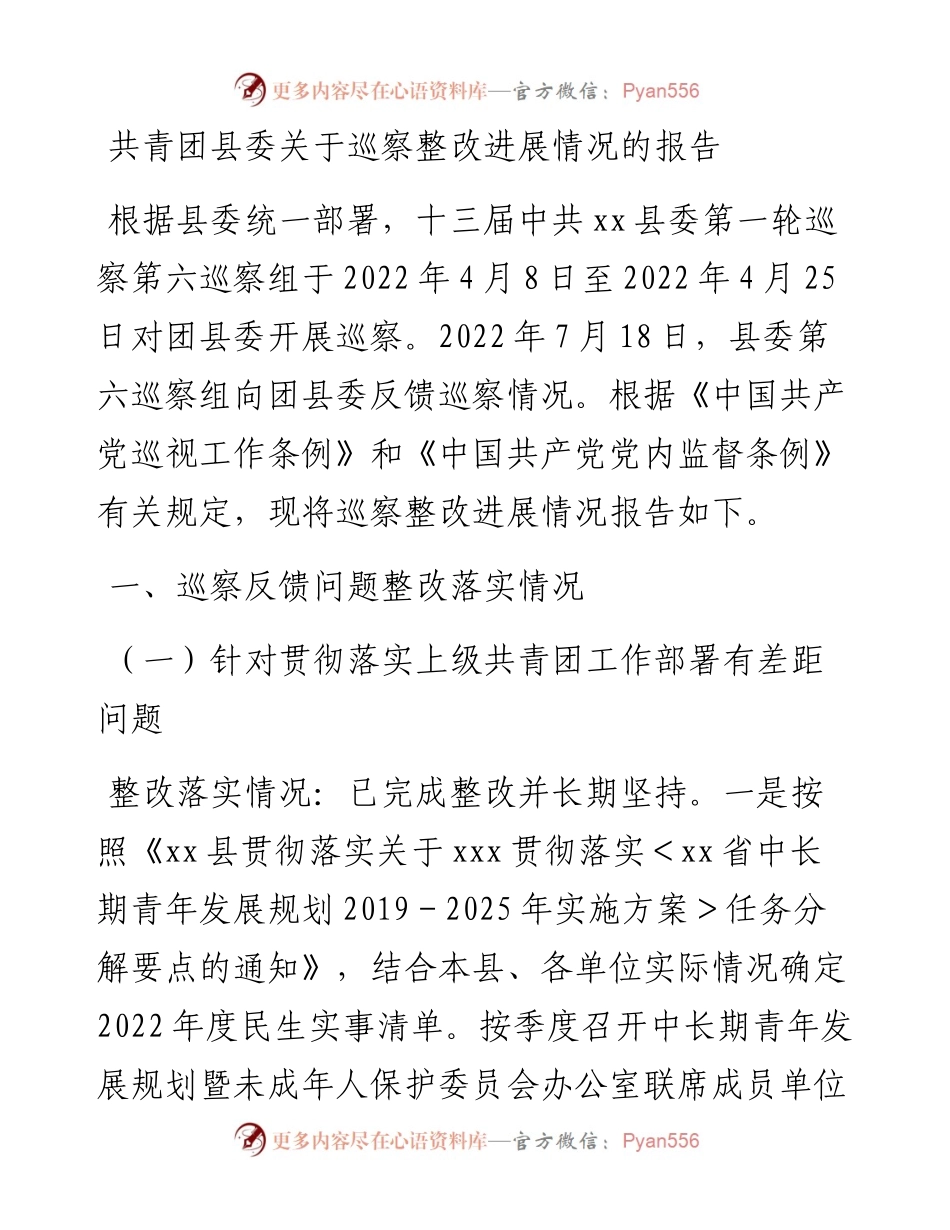 共青团县委关于巡察整改进展情况的报告.docx_第1页