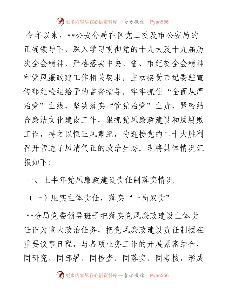 区公安分局上半年党风廉政建设工作总结.docx_第1页