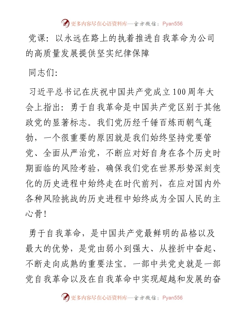 党课：以执着推进自我革命  为公司的高质量发展提供纪律保障.docx_第1页
