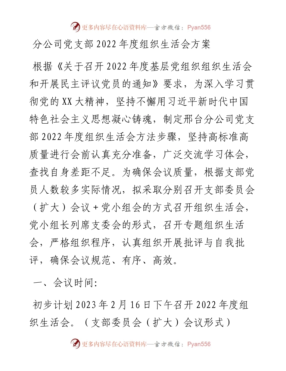 分公司党支部度组织生活会方案.docx_第1页