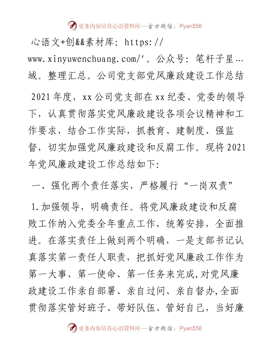 公司党支部党风廉政建设工作总结范文集团企业工作汇报报告.docx_第1页