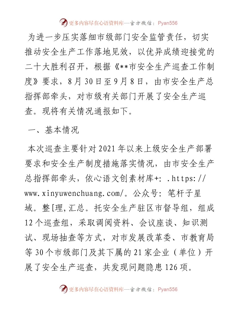 关于市级部门安全生产专项督查报告.docx_第1页
