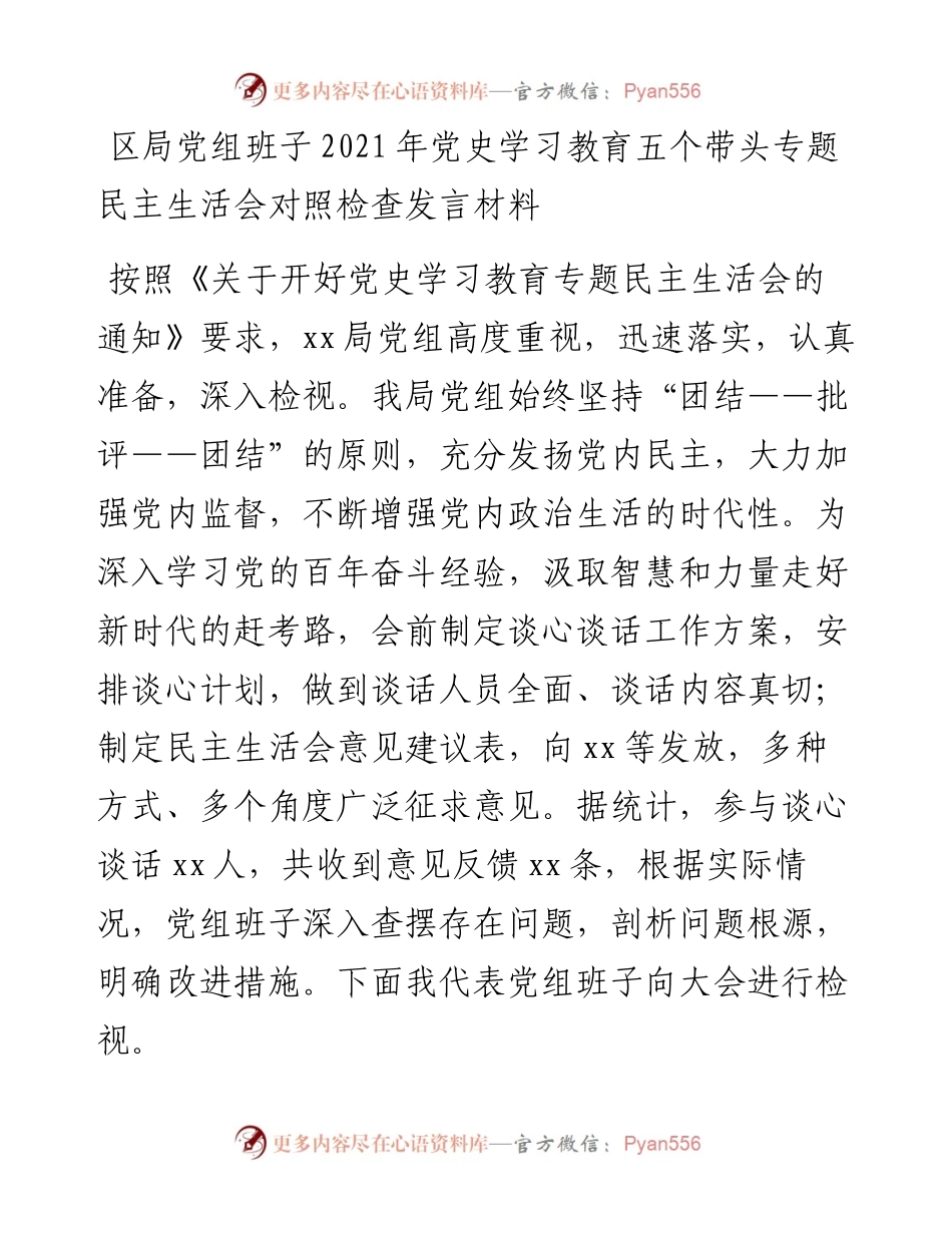 区局党组班子党史学习教育五个带头专题民主生活会对照检查发言材料.docx_第1页