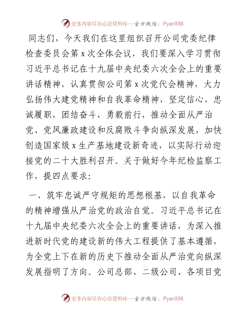 公司党委书记在纪检监察系统工作会议上的讲话.docx_第1页