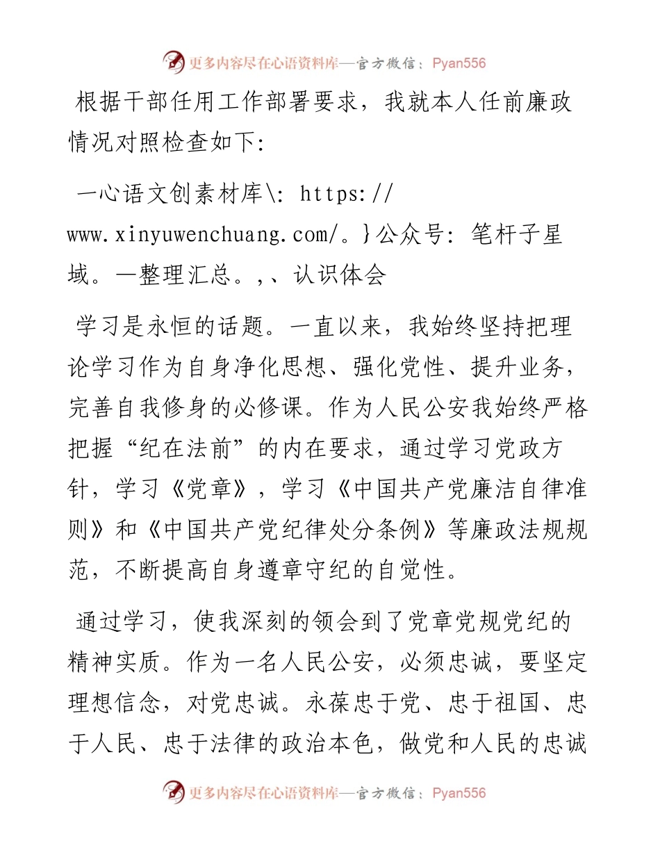 公安干部个人任前廉政对照检查材料.docx_第1页