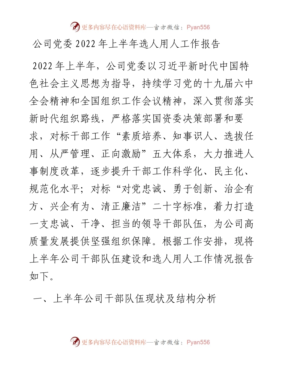 公司党委上半年选人用人工作报告.docx_第1页