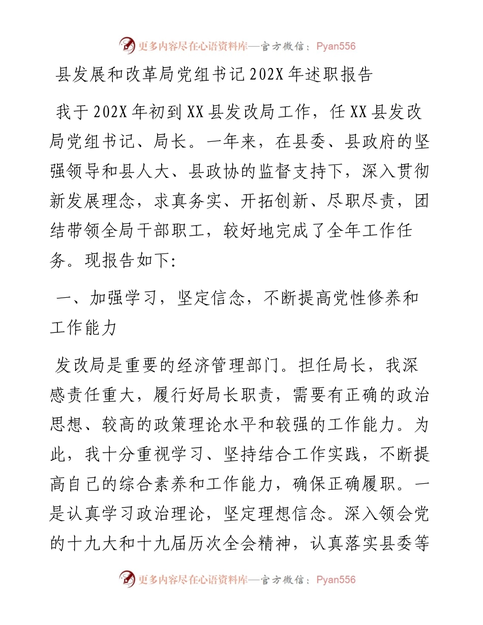 县发展和改革局党组书记202X年述职报告.docx_第1页