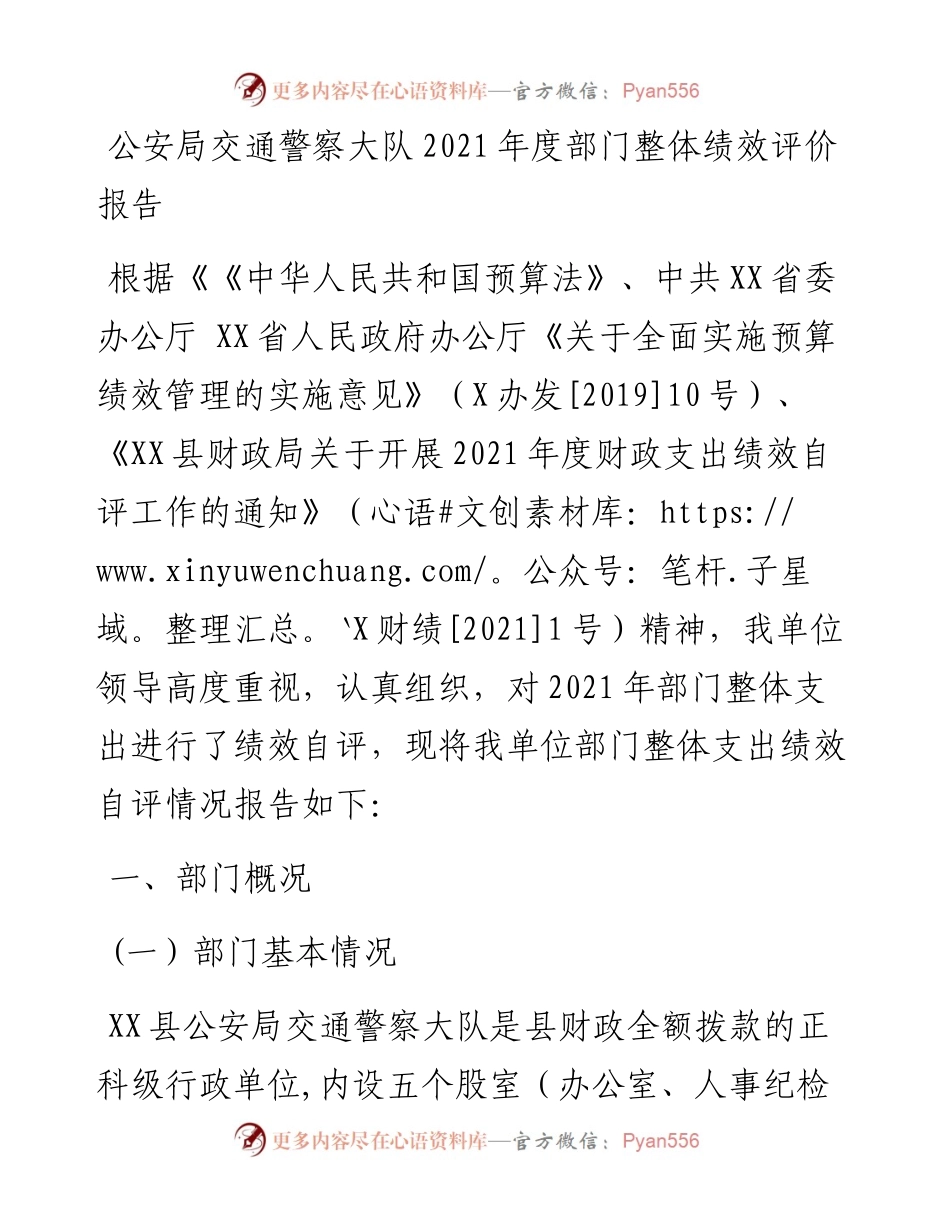 公安局交通警察大队度部门整体绩效评价报告.docx_第1页