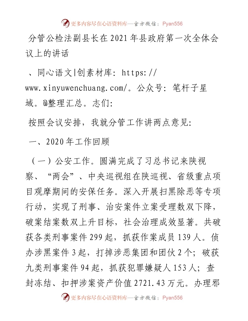 分管公检法副县长在县政府第一次全体会议上的讲话.docx_第1页