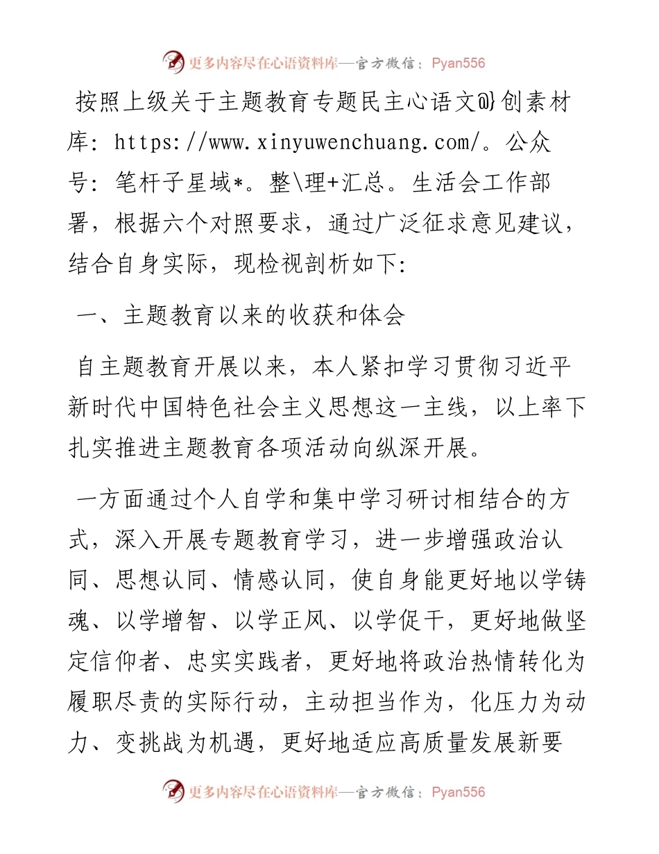 副局长主题教育专题民主生活会对照剖析材料.docx_第1页