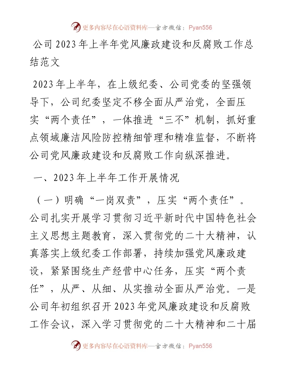公司2023年上半年党风廉政建设和反腐败工作总结（汇报报告，集团企业）.docx_第1页