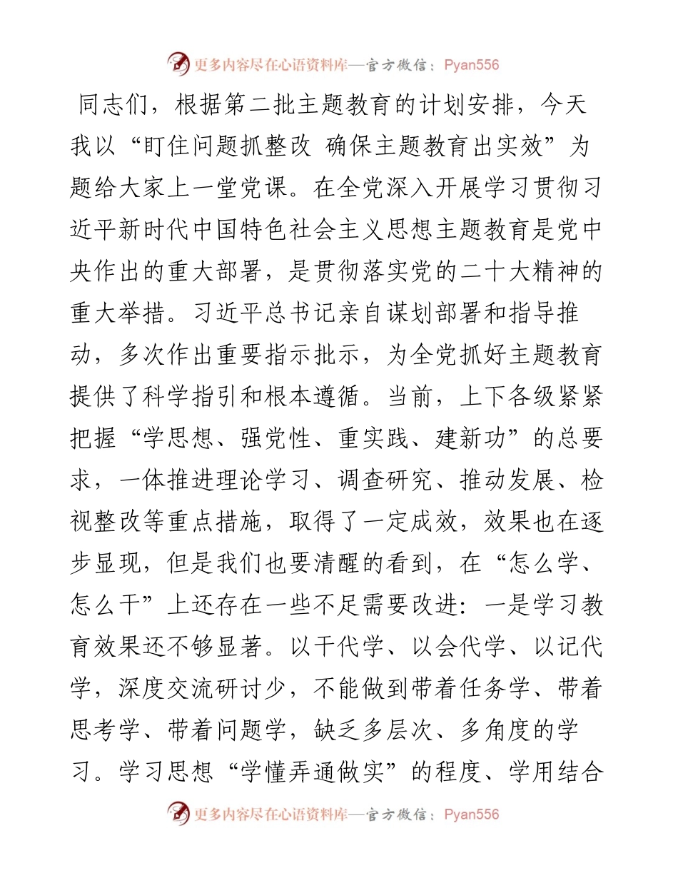 党课：盯住问题抓整改 确保主题教育出实效.docx_第1页