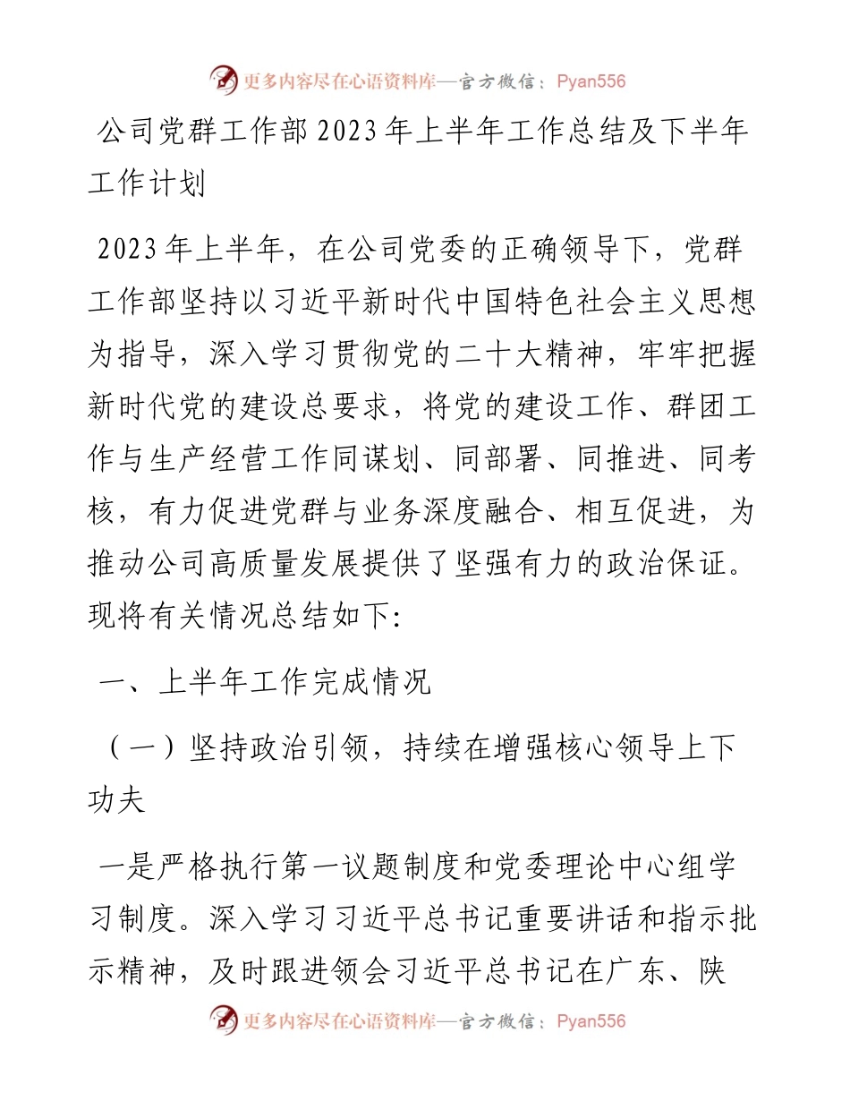 公司党群工作部2023年上半年工作总结及下半年工作计划.docx_第1页