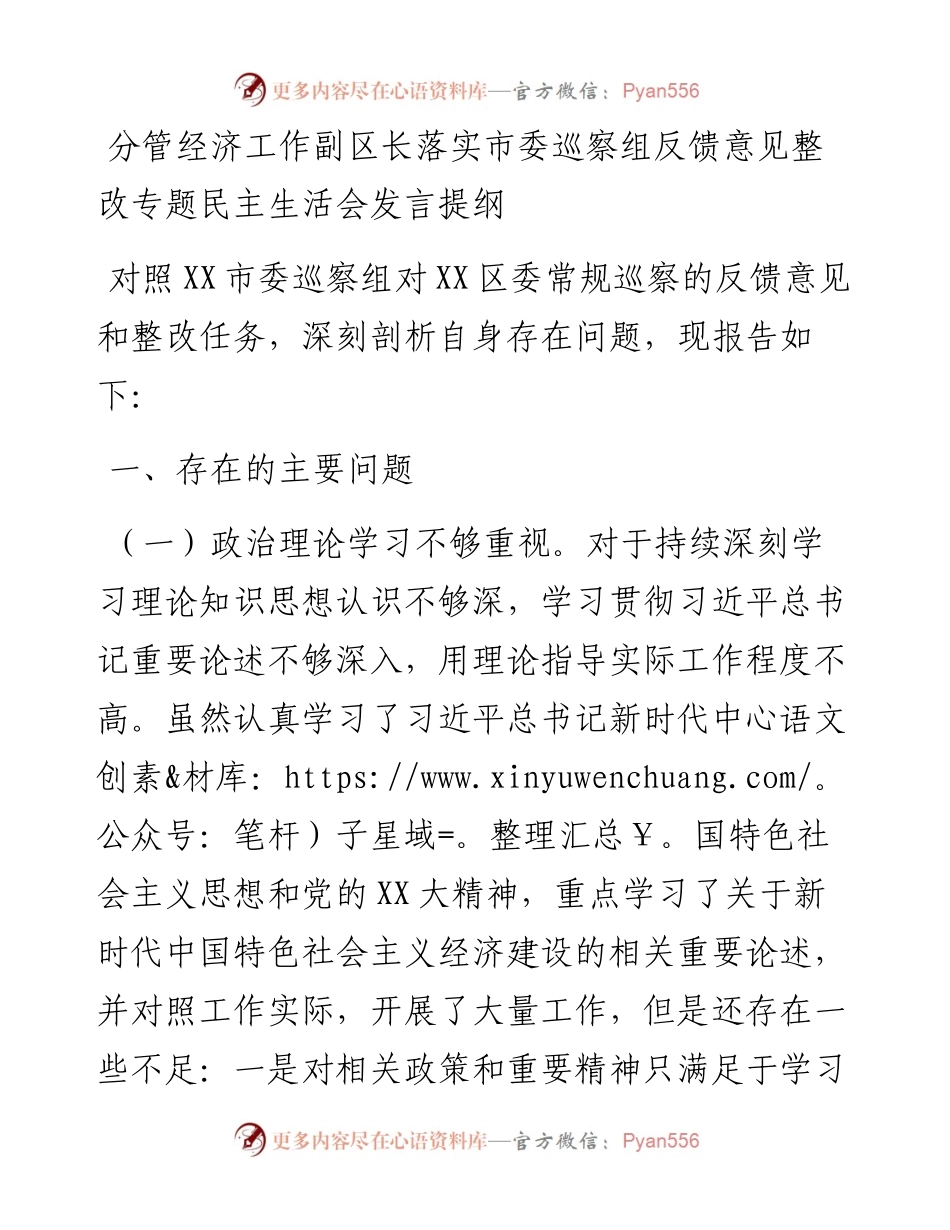 分管经济工作副区长落实市委巡察组反馈意见整改专题民主生活会发言提纲.docx_第1页