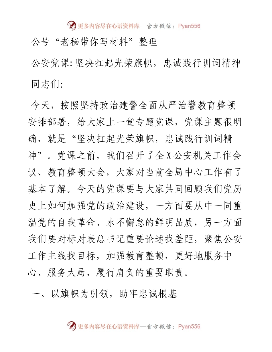 公安党课：坚决扛起光荣旗帜，忠诚践行训词精神.docx_第1页