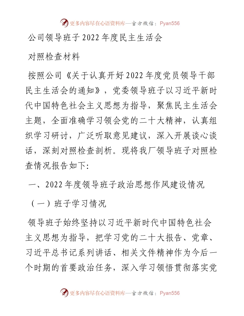 公司领导班子度民主生活会对照检查材料.docx_第1页