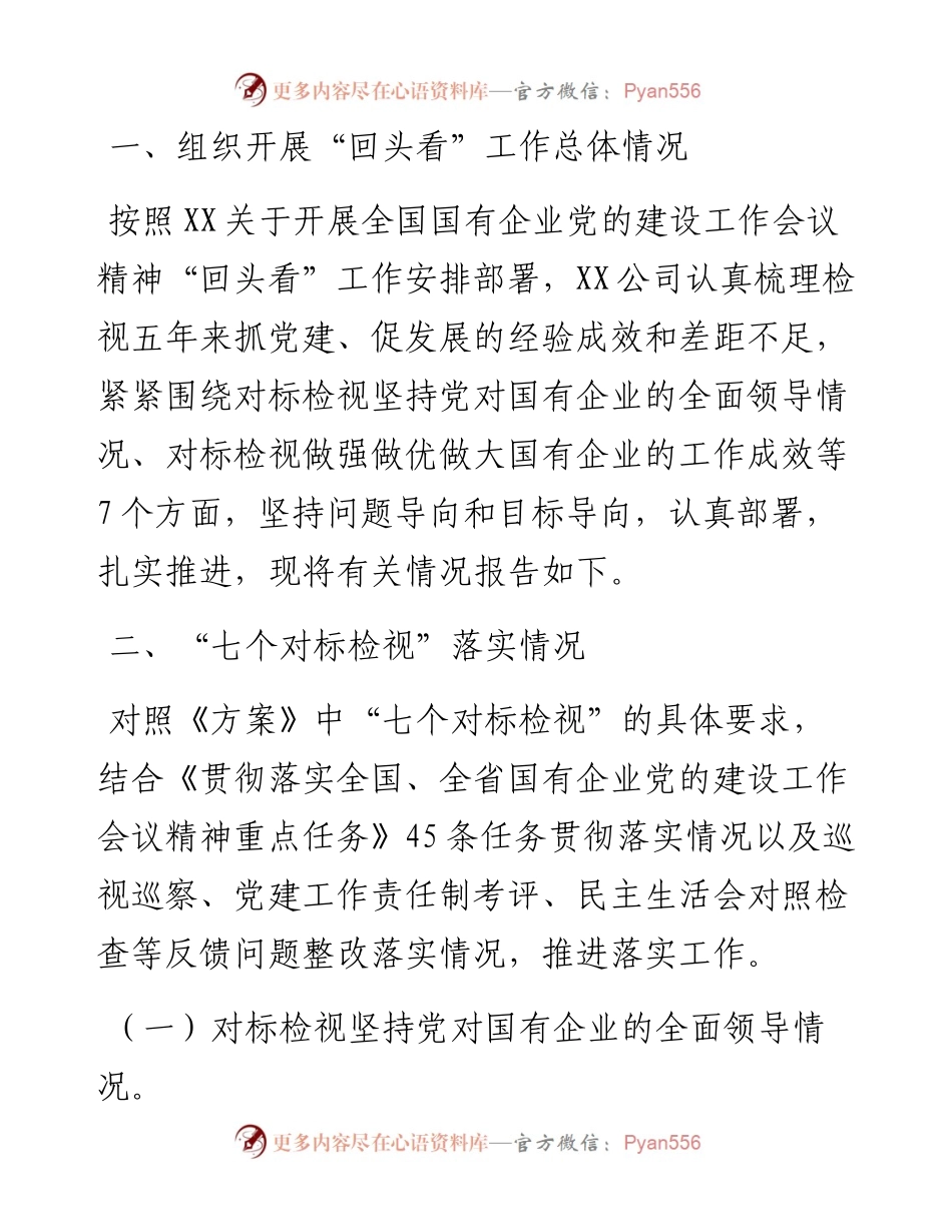公司贯彻落实全国国有企业党的建设工作会议精神“回头看”情况报告.docx_第1页