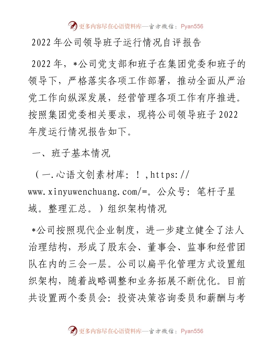 公司领导班子运行情况自评报告.docx_第1页