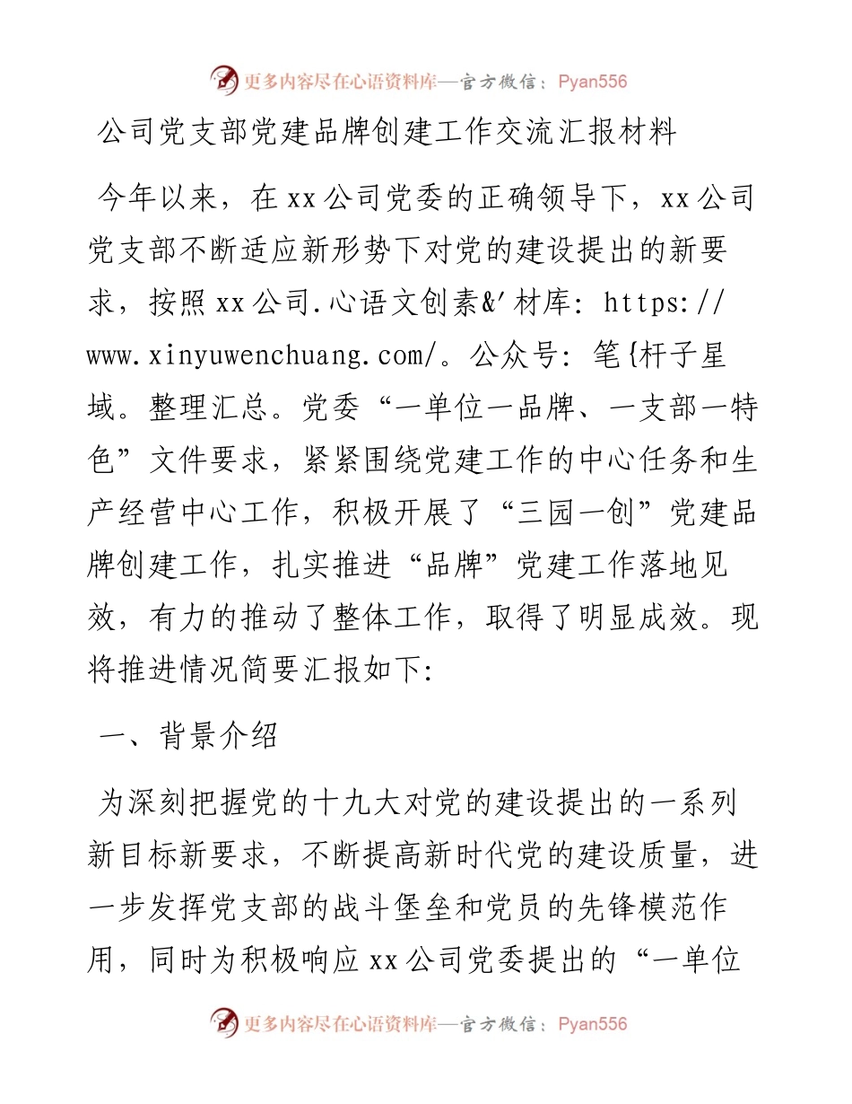 公司党支部党建品牌创建工作交流汇报材料.docx_第1页