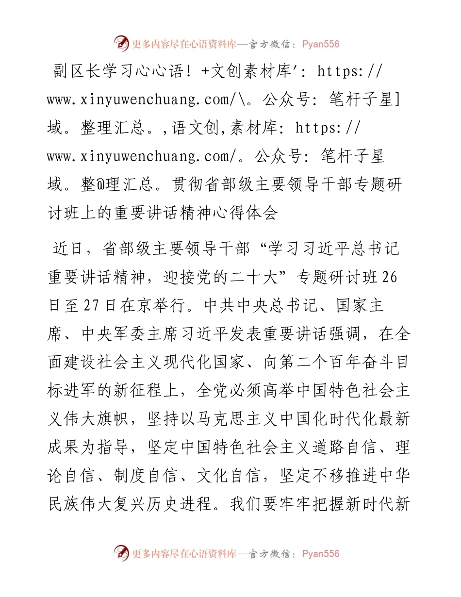 副区长学习贯彻省部级主要领导干部专题研讨班上的重要讲话精神心得体会.docx_第1页