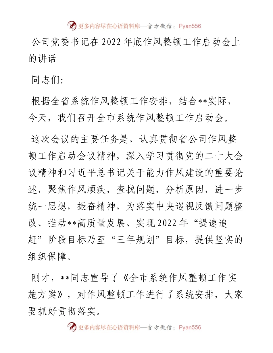 公司党委书记在底作风整顿工作启动会上的讲话.docx_第1页