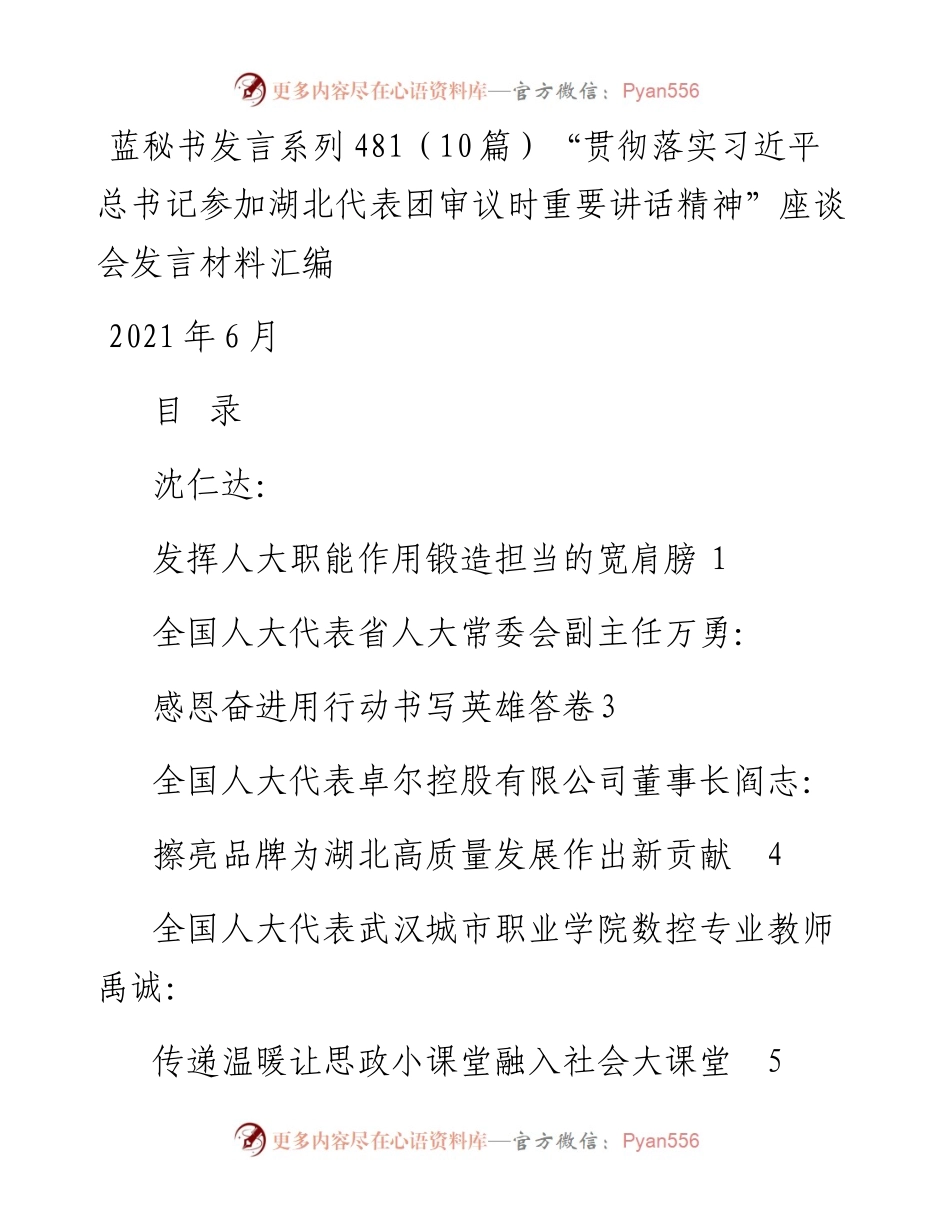 发言系列481（10篇）“贯彻落实习近平总书记参加湖北代表团审议时重要讲话精神”座谈会发言材料汇编.docx_第1页