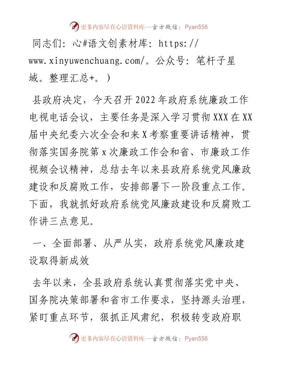 县长在政府系统廉政工作会上的讲话.docx_第1页