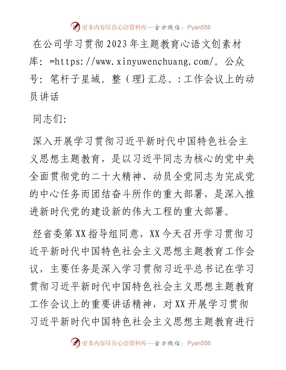 在公司学习贯彻2023年主题教育工作会议上的动员讲话.docx_第1页
