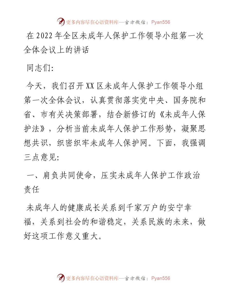 在全区未成年人保护工作领导小组第一次全体会议上的讲话.docx_第1页
